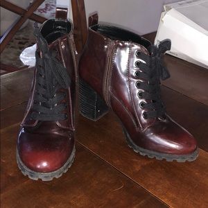 Patten leather maroon chunky heel ankle boot